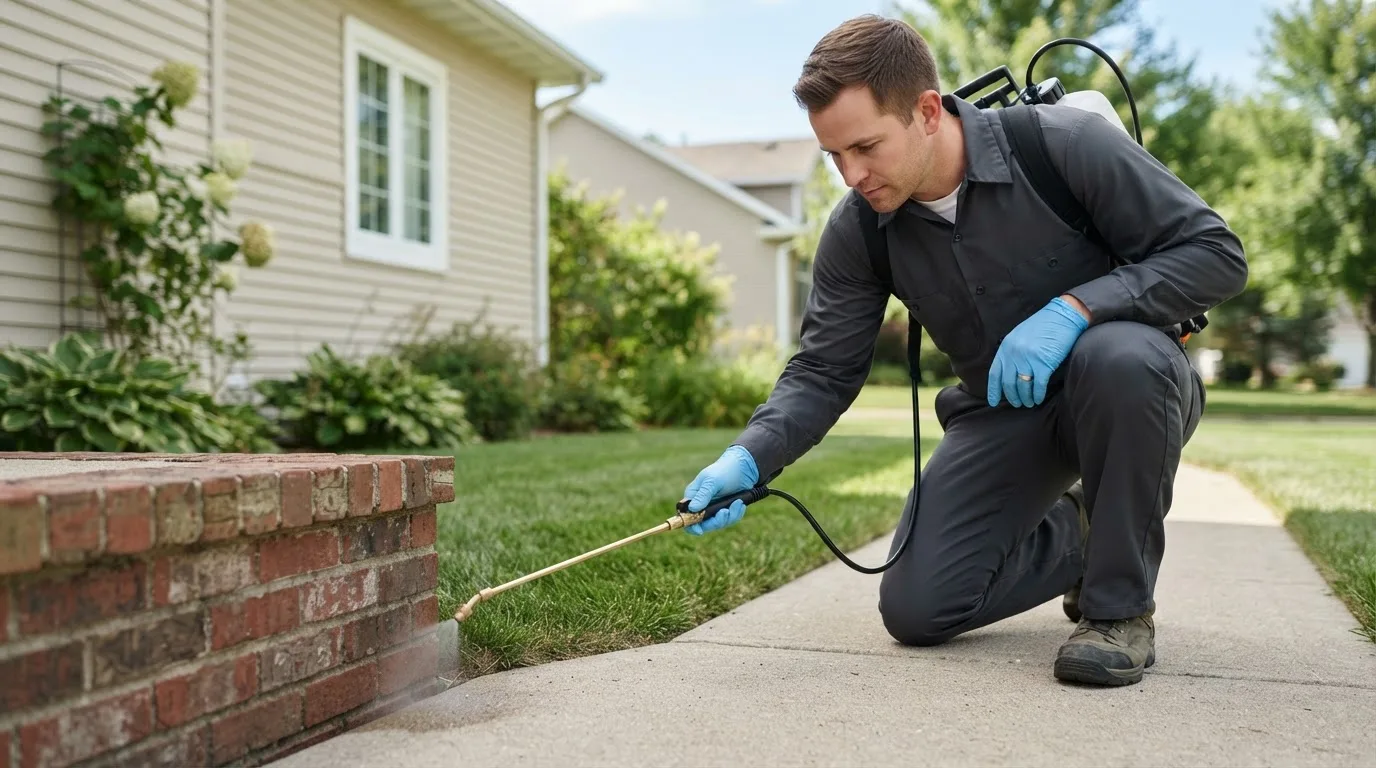 Pest control technician treating a home near West Jefferson, OH