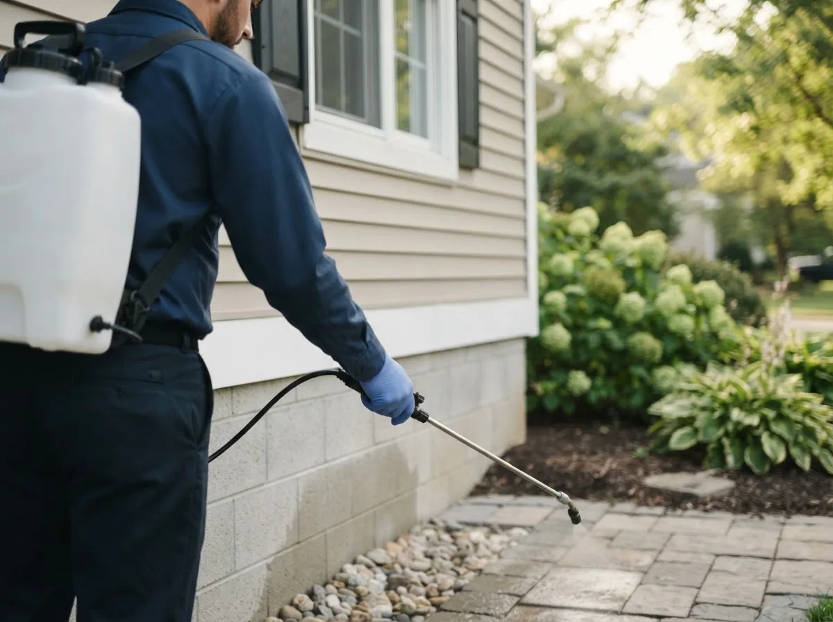 Pest control technician inspecting a home in West Jefferson, OH